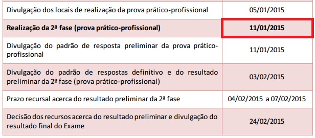 Calendário datas importantes para 2ª Fase - XV Exame de Ordem