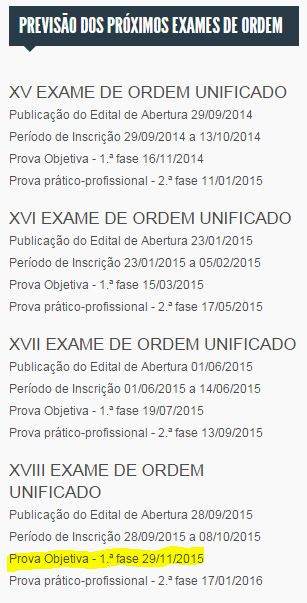 Novo Calendário de Provas da OAB para 2015