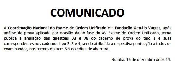 Comunicado FGV 2 questões anuladas no XV Exame de Ordem - Direito Administrativo e Processo do trabalho