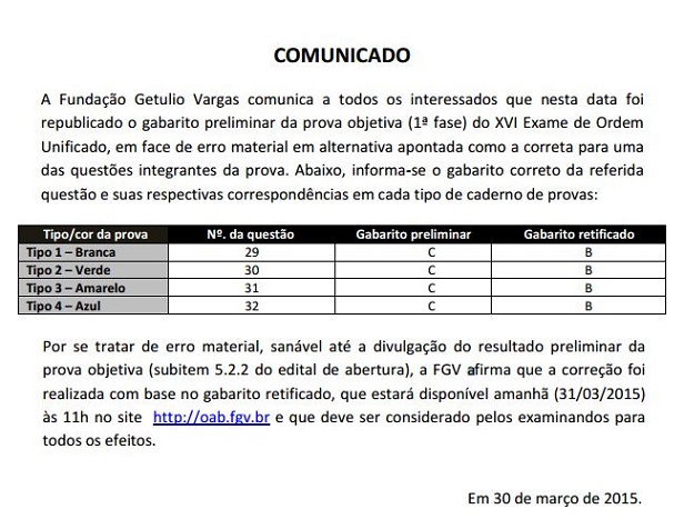 Comunicado da FGV alterando o Gabarito Preliminar da 1ª fase XVI Exame de Ordem