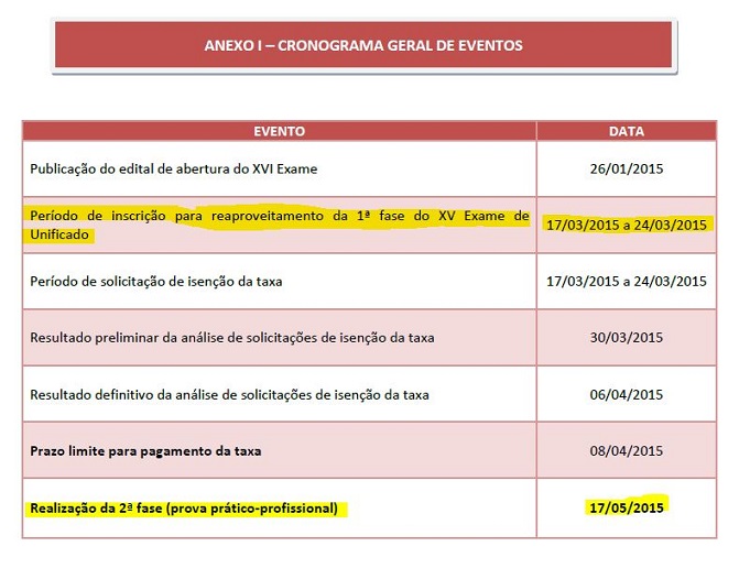 Cronograma Edital Repescagem XVI Exame de Ordem