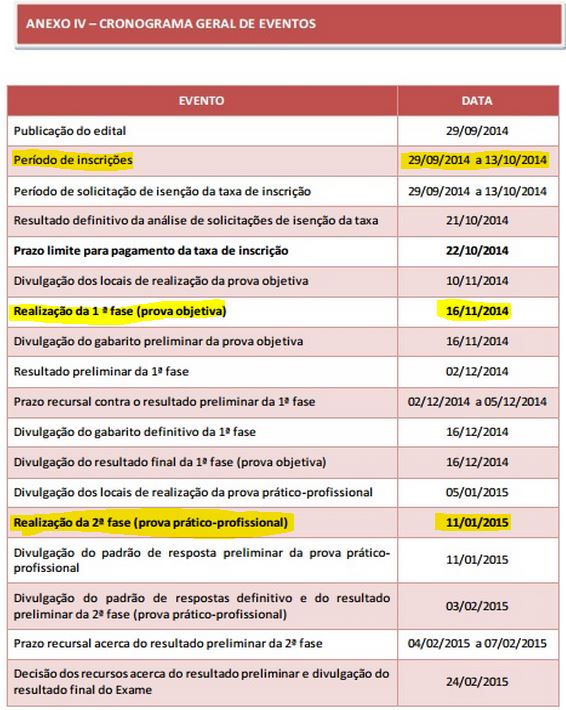 Calendário XV Exame de Ordem