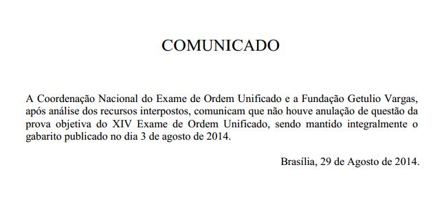 Comunicado FGV sobre anulações no XIV Exame de Ordem