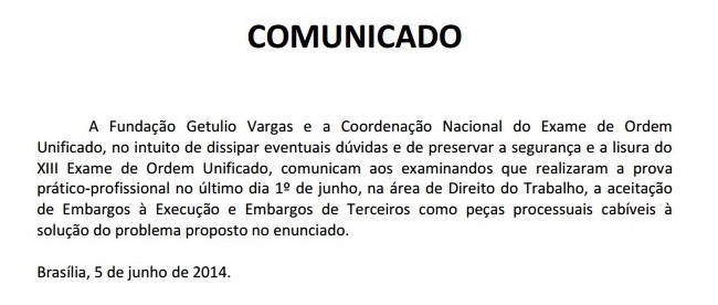 Comunicado FGV sobre prova de Direito do Trabalho - 2ª fase XIII Exame de Ordem