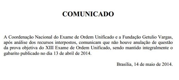 Comunicado FGV sobre anulações no XIII Exame de Ordem