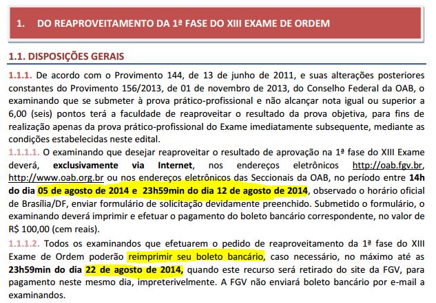 Trechos do edital repescagem do XIV Exame de Ordem - OAB