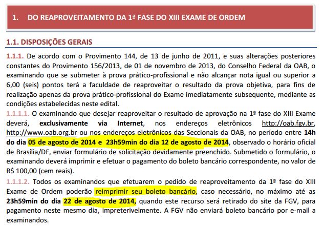 Trechos do edital repescagem do XIV Exame de Ordem - OAB