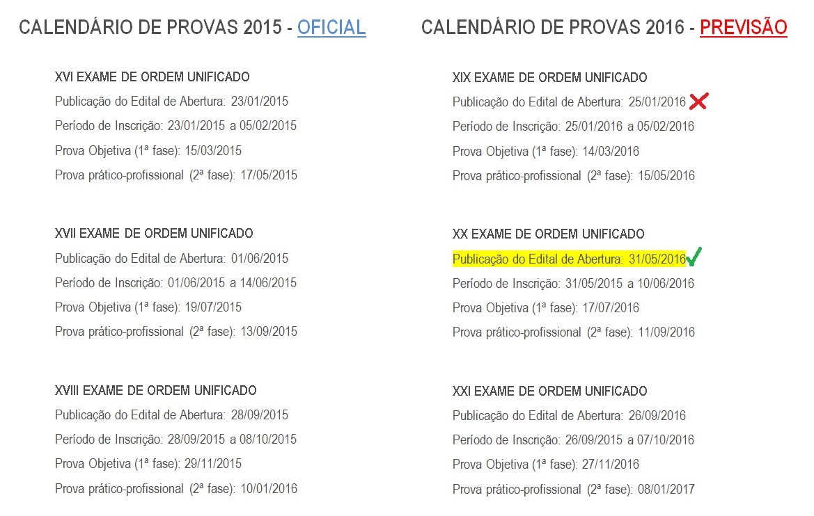 Previsão de calendário de provas para 2016 e o novo CPC