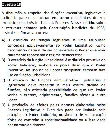  Questão 18 da Prova Branca - Direito Constitucional - Passível Anulação - 1ª fase do XVII Exame de Ordem