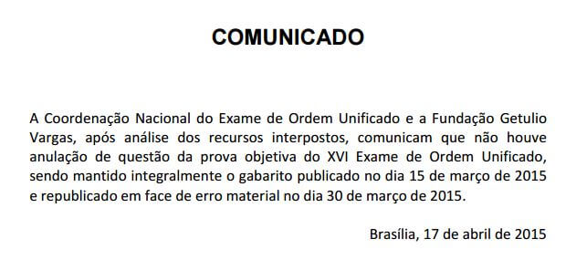 comunicado anulação 1ª fase XVI Exame de  Ordem