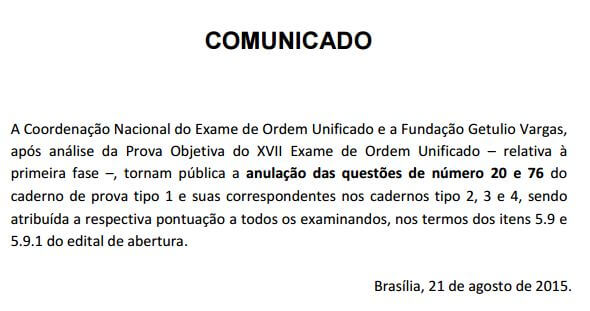 Comunicado FGV 2 questões anuladas no XVII Exame de Ordem - Direitos Humanos e Processo do trabalho