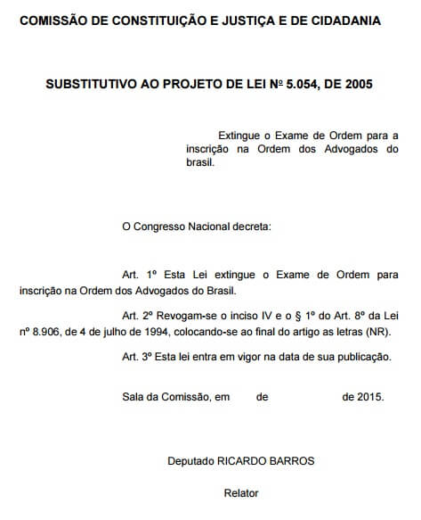 Deputado Ricardo Barros apresenta substitutivo aos vários projetos de lei que visam eliminar o Exame de Ordem 
