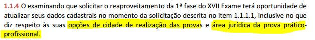 alteração da cidade e disciplina da prova de 2ª fase - edital repescagem XVIII Exame de Ordem
