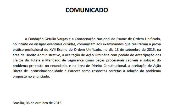 Comunicado 2ª fase XVII Exame de Ordem: OAB efetivamente aceitou tanto o Parecer na prova de Constitucional, como o Mandado de Segurança na prova de Direito Administrativo