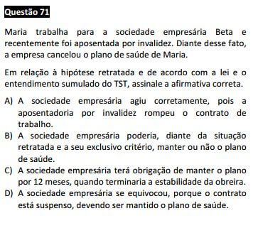  Questão 71 da Prova Branca - Direito do Trabalho - Deve ter gabarito Retificado - 1ª fase do XIX Exame de Ordem