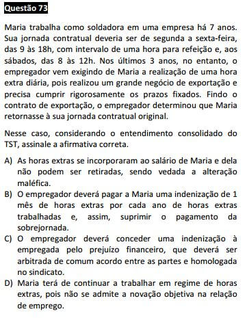  Questão 73 da Prova Branca - Direito do Trabalho - Deve ter gabarito Retificado - 1ª fase do XIX Exame de Ordem