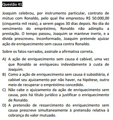  Questão 41 da Prova Branca - Direito Civil - Passível Anulação - 1ª fase do XIX Exame de Ordem