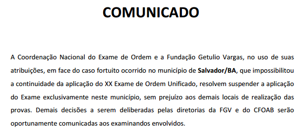 Comunicado cancelamento prova XX Exame de Ordem - Salvador/BA