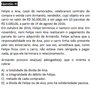 questão passível de anulação na 1ª Fase do XXI Exame OAB - questão 41 de Direito Civil