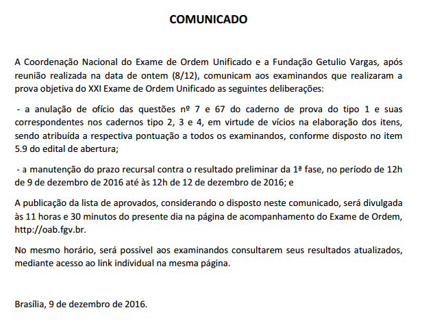 Comunicado FGV anulação de 2 Questões