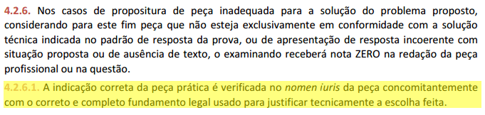 2ª Fase OAB: resultar na atribuição de nota ZERO na peça: Indicação correta da peça prática