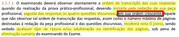 2ª Fase OAB: resultar na atribuição de nota ZERO na peça: Não respeitar a ordem de transcrição das respostas