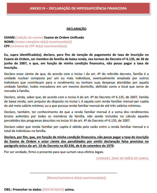 Declaração de Hipossuficiência para solicitação de isenção da taxa de inscrição