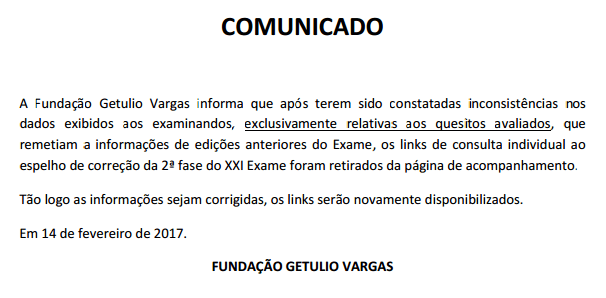 Comunicado FGV sobre Erro na Divulgação de Resultados na Lista Aprovados na 2ª Fase XXI Exame