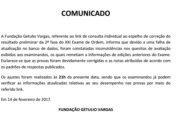 Comunicado FGV sobre Erro na Divulgação de Resultados na Lista Aprovados na 2ª Fase XXI Exame