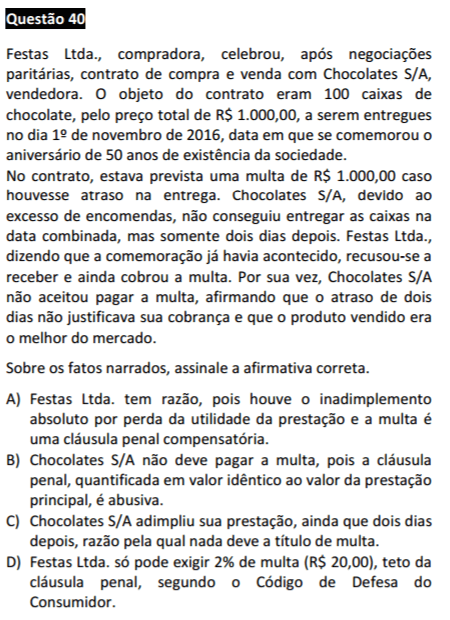 questão passível de anulação na 1ª Fase do XXII Exame OAB - questão 40 de Direito Civil