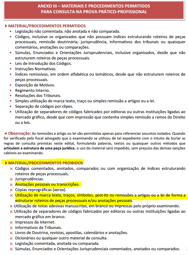 Materiais permitidos na prova de 2ª fase do XXV Exame de Ordem