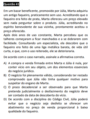 questão passível de anulação no XXIII Exame OAB - 1ª fase - questão 41 de Direito Civil