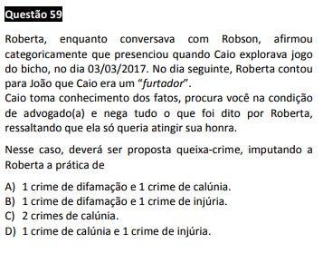 questão passível de anulação no XXIII Exame OAB - 1ª fase - questão 59 de Direito Penal