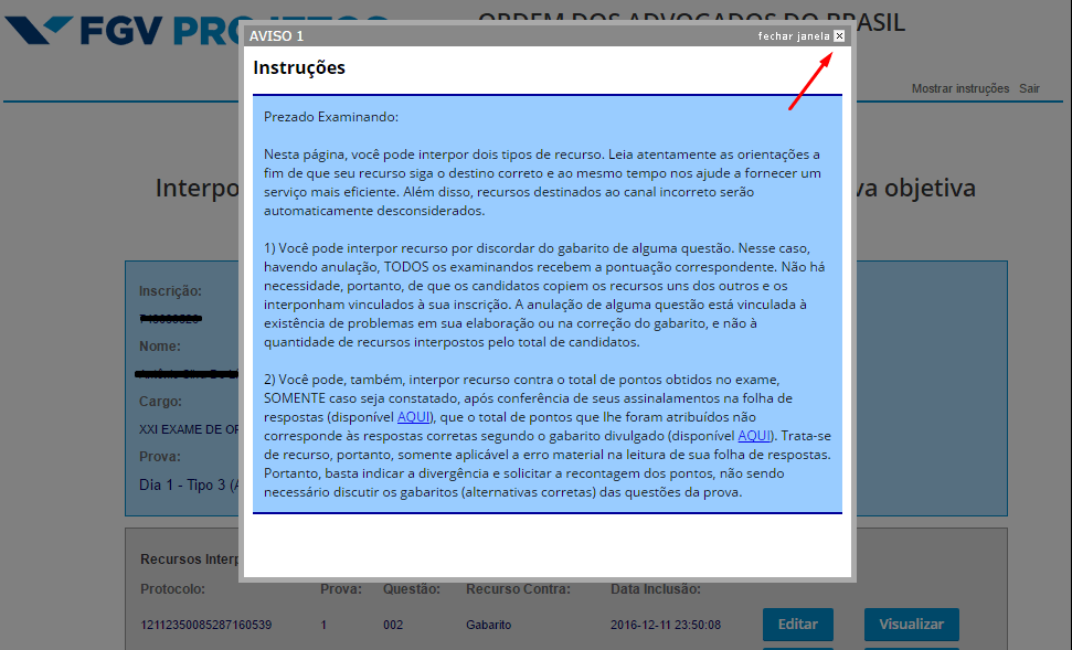 Recorrer do Resultado da OAB - 1ª Fase - Passo 3 - Aviso 1