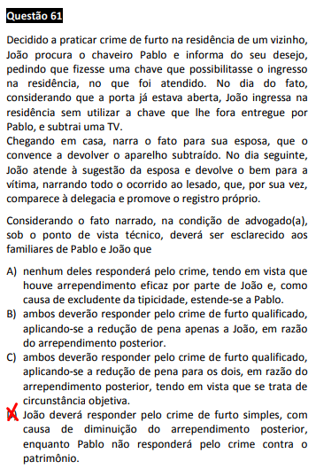 questão passível de anulação no XXIV Exame OAB - 1ª fase - questão 61 de Direito Penal