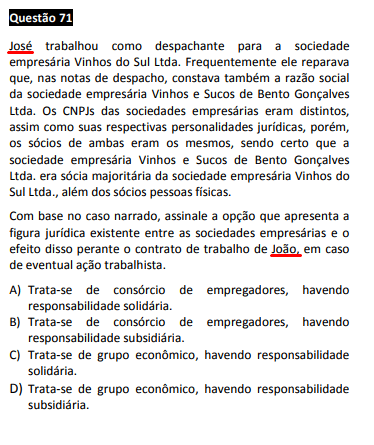 questão passível de anulação no XXIV Exame OAB - 1ª fase - questão 71 de Direito do Trabalho