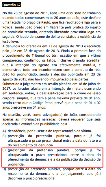 questão passível de anulação no XXIV Exame OAB - 1ª fase - questão 62 de Direito Penal