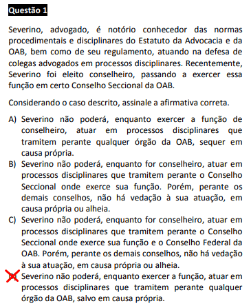 Questão passível de anulação no XXIV Exame OAB - 1ª fase - questão 01 de Ética