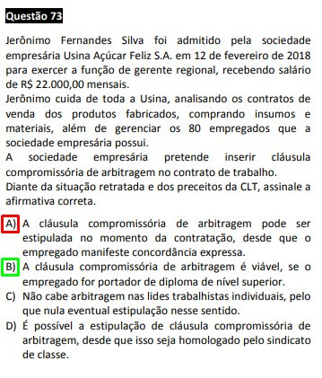 Questão passível de anulação XXV Exame OAB - 1ª fase - questão 73 - Direito do Trabalho