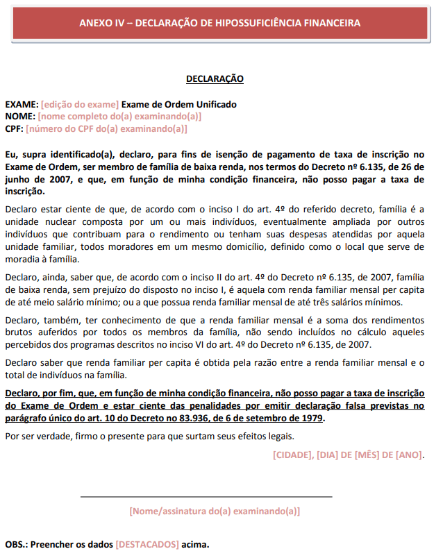 Declaração de Hipossuficiência para solicitação de isenção da taxa de inscrição