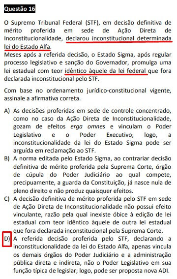 Questão passível de anulação XXVII Exame OAB - 1ª fase - questão 16 de Constitucional