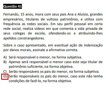 Questão passível de anulação XXVII Exame OAB - 1ª fase - questão 41 de Direito Civil