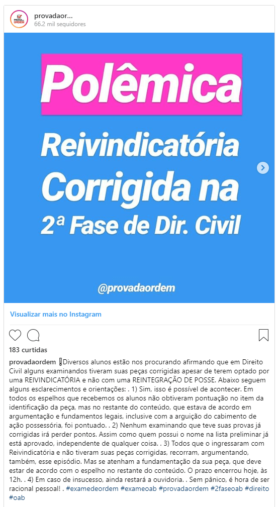 post no instagram sobre polêmica na correção da prova de 2ª Fase em Direitoi Civil do XXVI Exame OAB