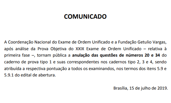 FGV se antecipa e anula 2 questões de ofício - questão 20 e 34 da prova branca e suas correspondentes nos demais cadernos de prova