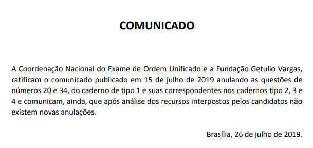 Comunicado sobre questões anuladas no XXIX exame OAB