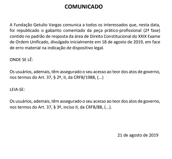 Comunicado FGV sobre a 2ª Fase do XXIX Exame OAB em Constitucional