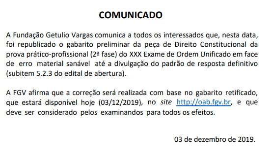 Comunicado da FGV sobre a alteração do gabarito de Direito Constitucional no XXX Exame de Ordem