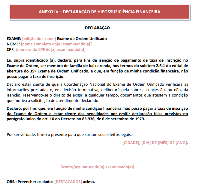 Declaração de Hipossuficiência do Edital do XXXV Exame de Ordem