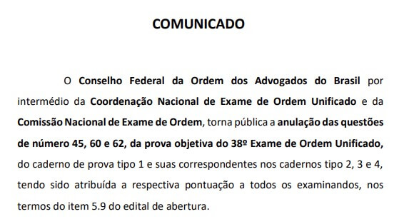 Comunicado sobre as Questões Anuladas na 1ª Fase 38