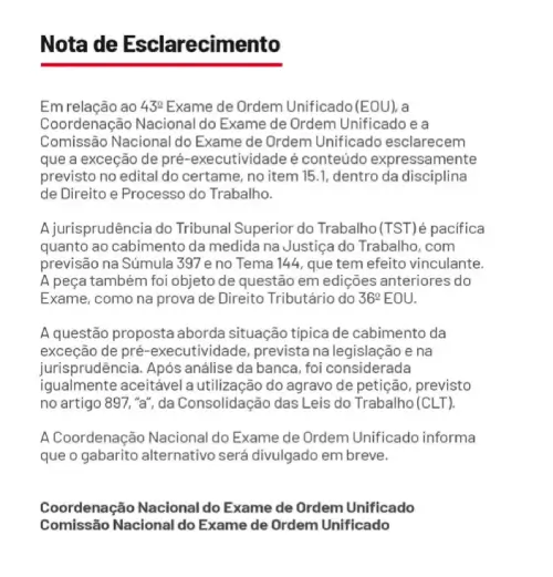 Texto da Nota sobre o Novo Gabarito OAB 43